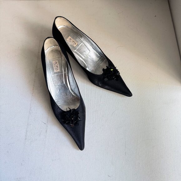 Vintage Sofia Black Satin Pointy Toe Sequin Accent Kitten Heel Hells 36 - Picture 3 of 11
